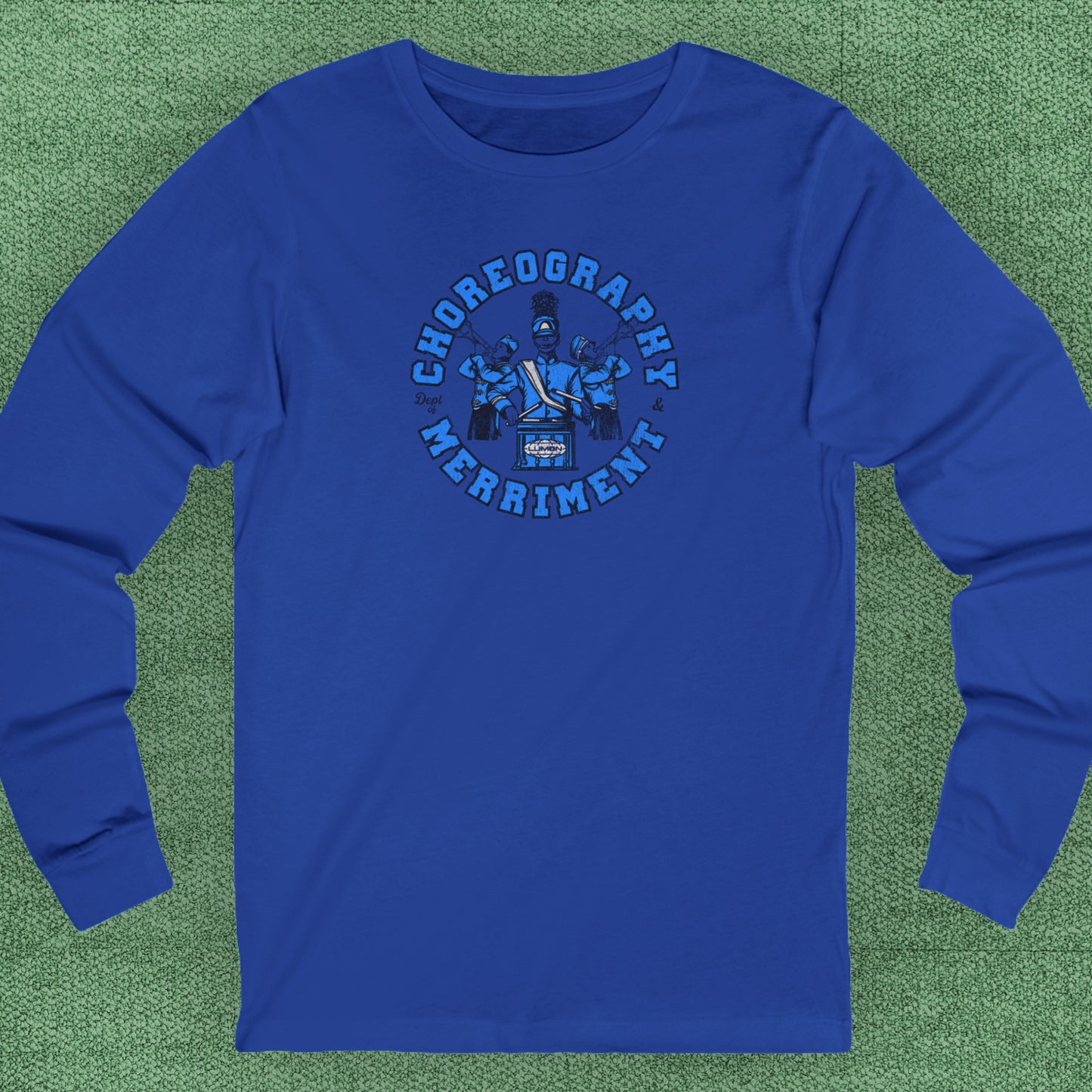 Royal blue long-sleeve t-shirt featuring vintage Dept. of Choreography & Merriment logo inspired by Severance and Lumon Industries.