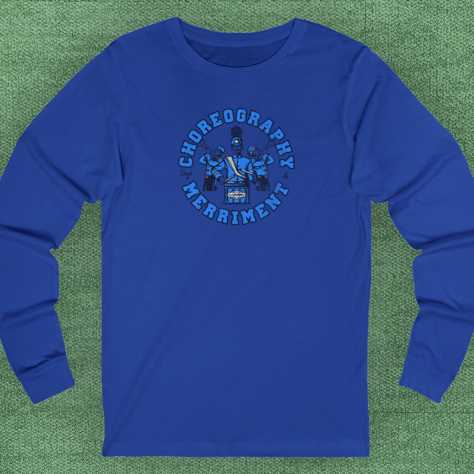 Royal blue long-sleeve t-shirt featuring vintage Dept. of Choreography & Merriment logo inspired by Severance and Lumon Industries.