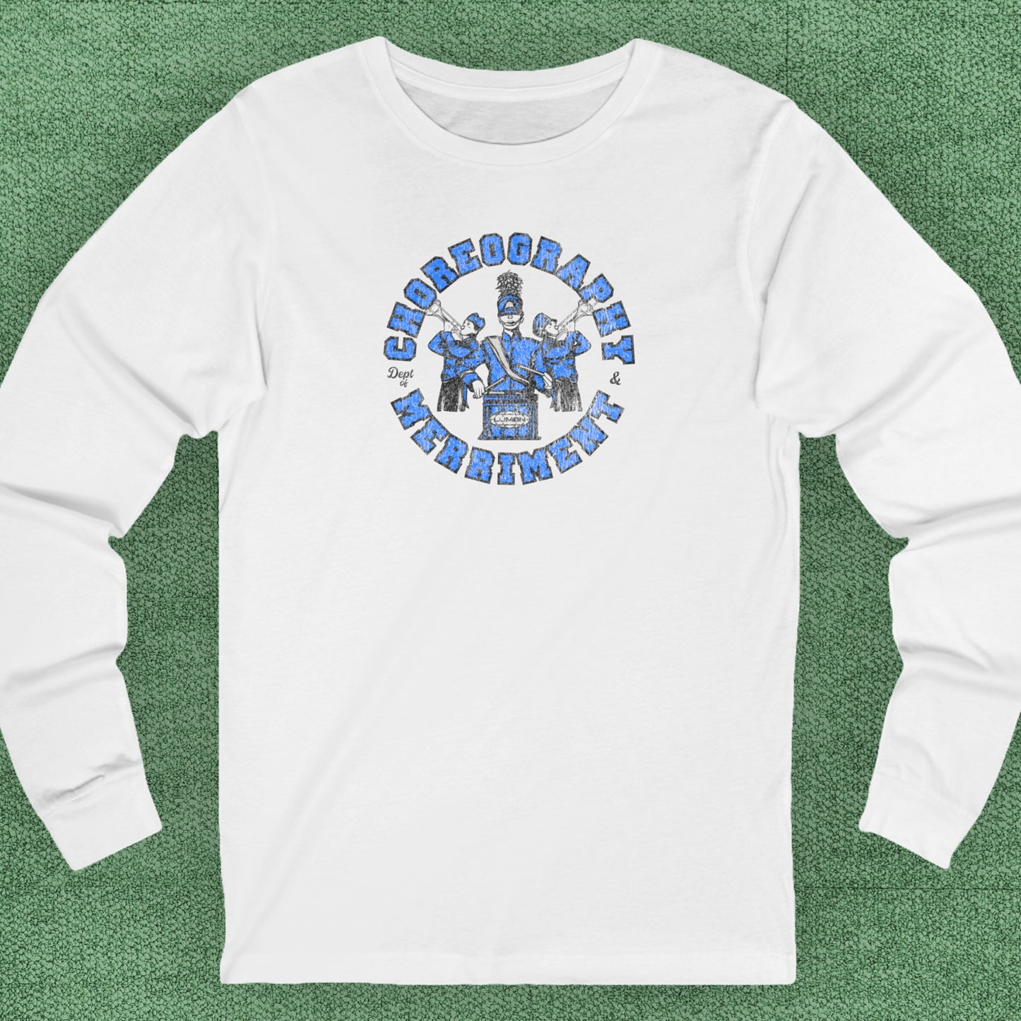 White long-sleeve t-shirt featuring vintage Dept. of Choreography & Merriment logo inspired by Severance and Lumon Industries.