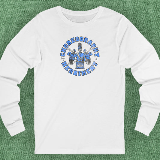 White long-sleeve t-shirt featuring vintage Dept. of Choreography & Merriment logo inspired by Severance and Lumon Industries.