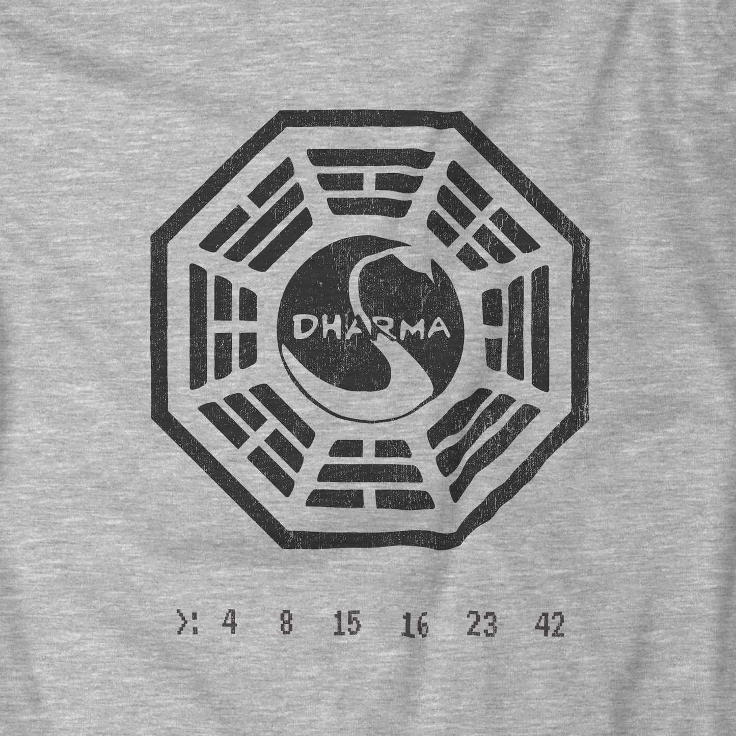 Gray t-shirt with Dharma Initiative logo featuring a snake and numbers on a gray background