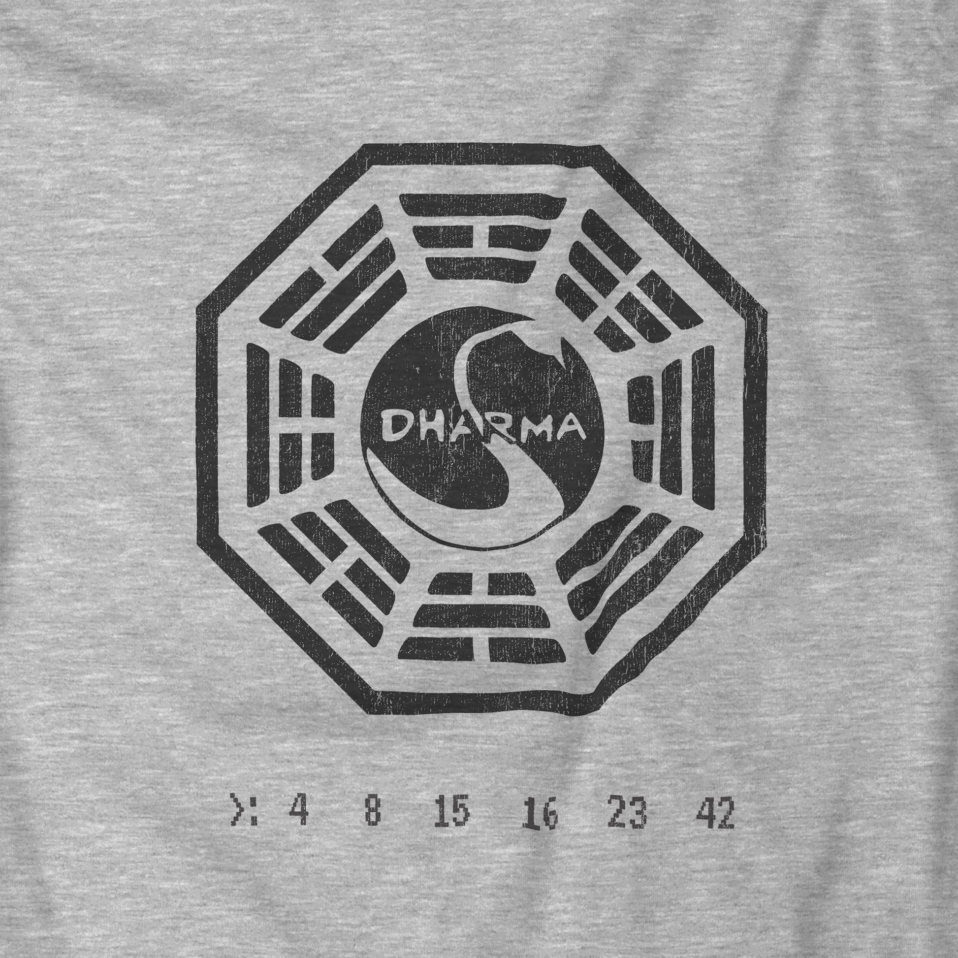 Gray t-shirt with Dharma Initiative logo featuring a snake and numbers on a gray background