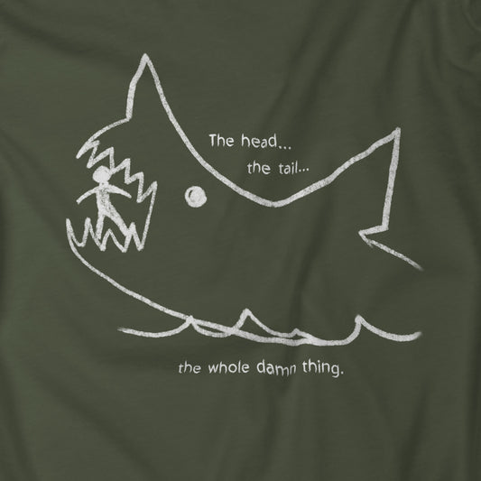 Closeup of shirt with the chalkboard drawing by Quint in the movie Jaws, includes text The head… the tail… the whole damn thing.