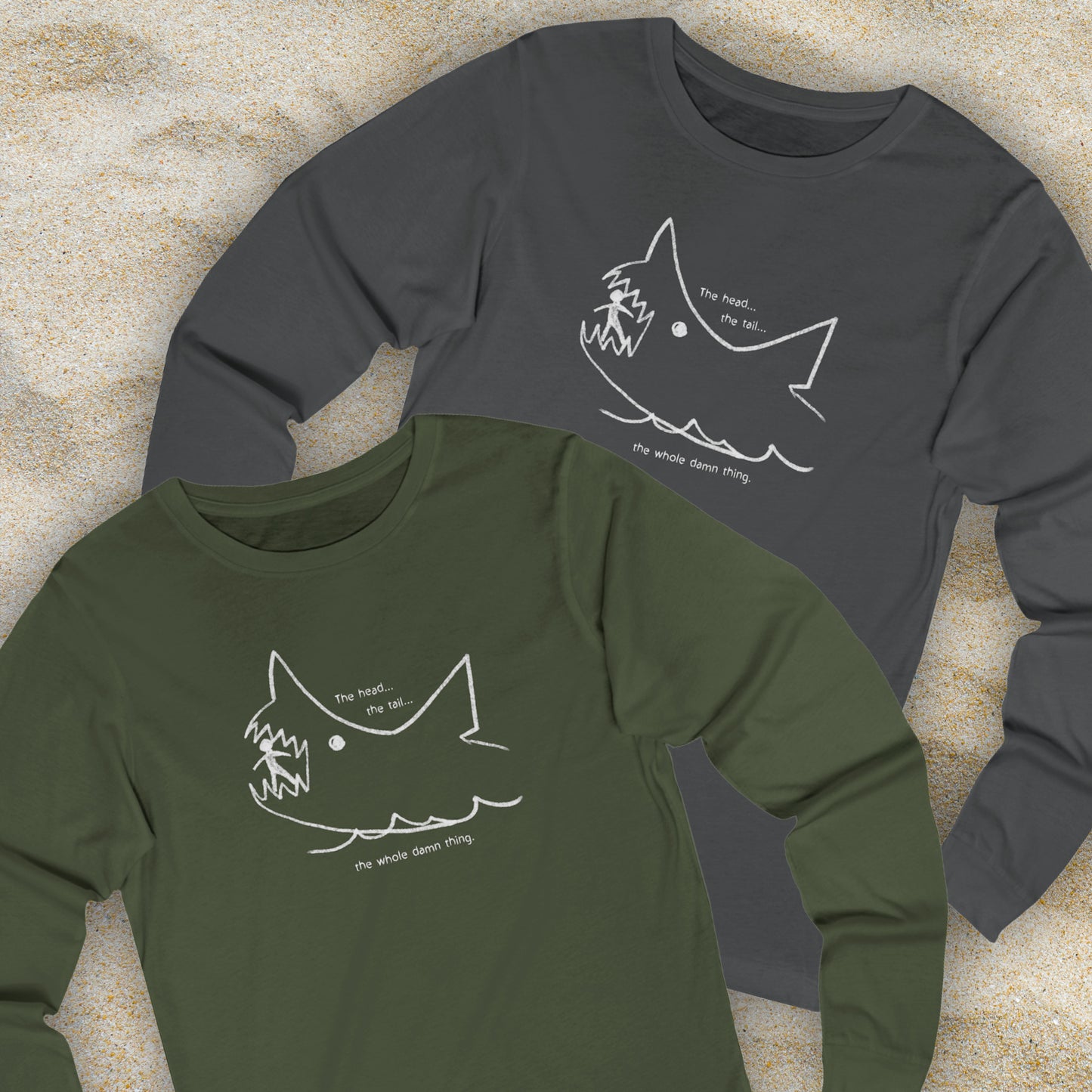 Military Green and Asphalt long-sleeve Bella+Canvas 3501 t-shirts with the chalkboard drawing by Quint in the movie Jaws.