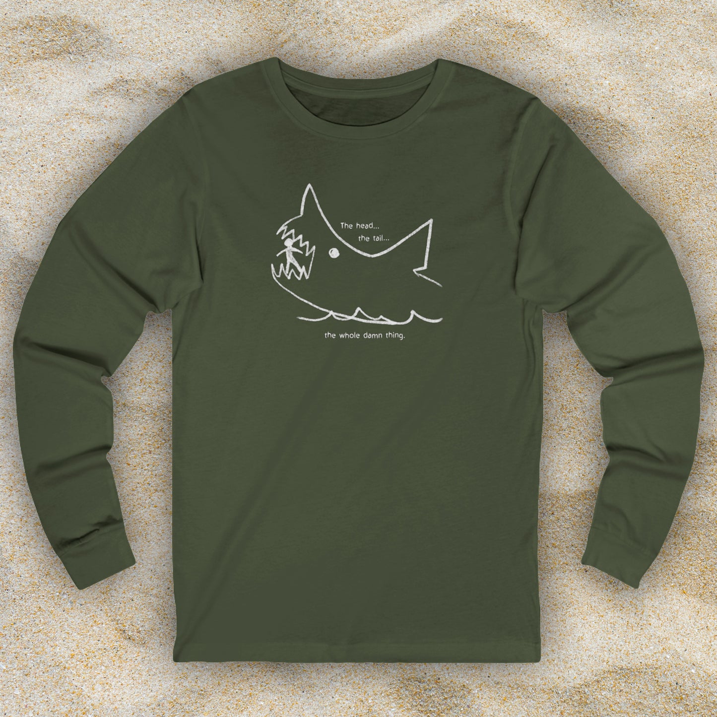 Front view of Military Green long-sleeve Bella+Canvas 3501 t-shirt with the chalkboard drawing by Quint in the movie Jaws.