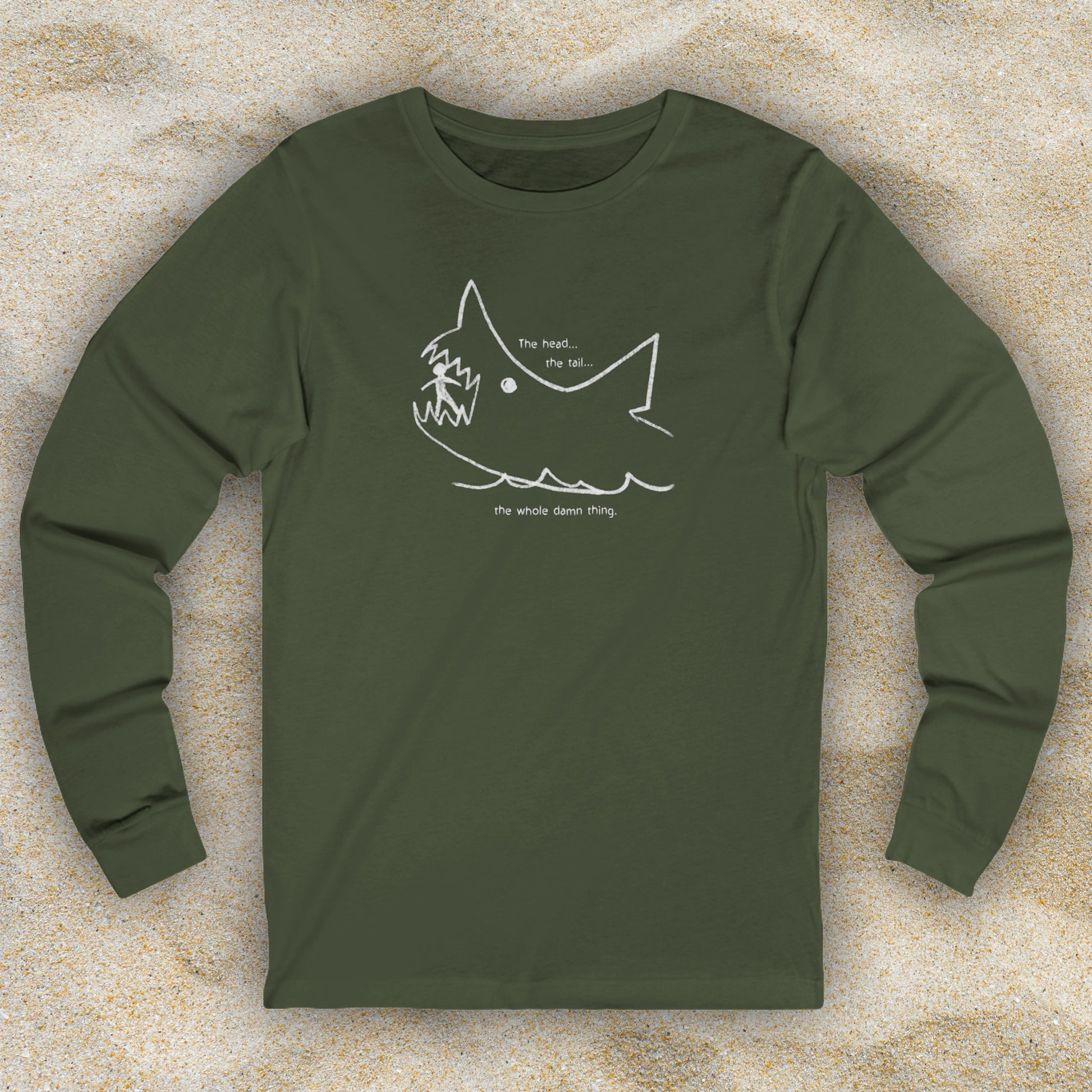 Front view of Military Green long-sleeve Bella+Canvas 3501 t-shirt with the chalkboard drawing by Quint in the movie Jaws.