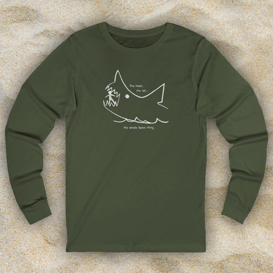 Front view of Military Green long-sleeve Bella+Canvas 3501 t-shirt with the chalkboard drawing by Quint in the movie Jaws.