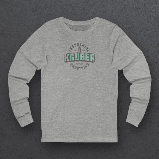 Front view of a grey athletic heather colored soft unisex Bella+Canvas 3501 long-sleeve t-shirt featuring a Kruger Industrial Smoothing logo graphic, designed by ScriptedBrand in a vintage distressed style, and  inspired by the TV show Seinfeld. Includes the Statue of Liberty and the the slogan "We don't care and it shows".