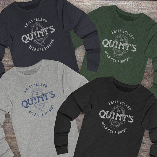 Group of four long-sleeve t-shirts with vintage Quint’s Deep Sea Fishing logo from Jaws.