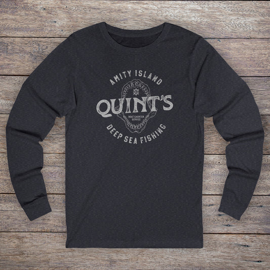 Long-sleeve t-shirt with vintage Quint’s Deep Sea Fishing logo from Jaws, printed on heather navy fabric.