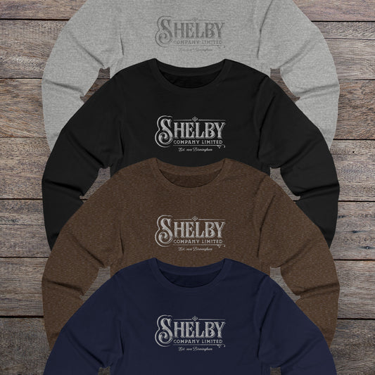 Group of 4 unisex Bella-Canvas 3501 long-sleeve t-shirts featuring the Shelby Company Limited logo from the show Peaky Blinders in a vintage distressed style, sold by ScriptedBrand.