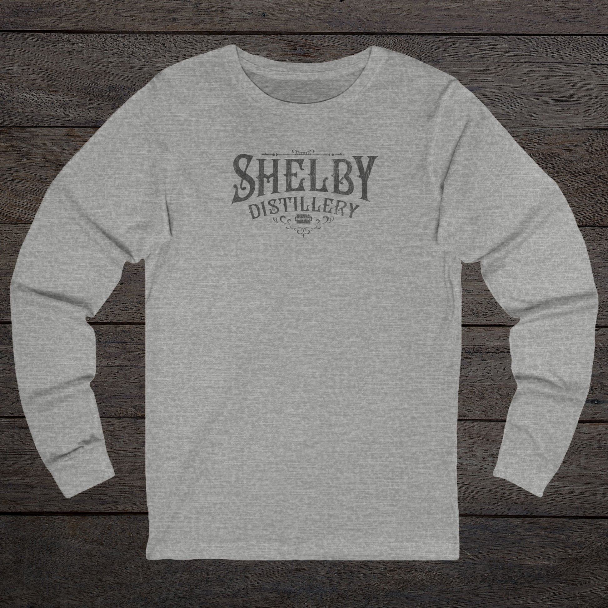 Athletic Heather Gray Soft Unisex Bella+Canvas 3501 long-sleeve t-shirt featuring a Shelby Company Limited Distillery Logo Graphic inspired by the TV show Peaky Blinders in a vintage distressed style, sold by ScriptedBrand.