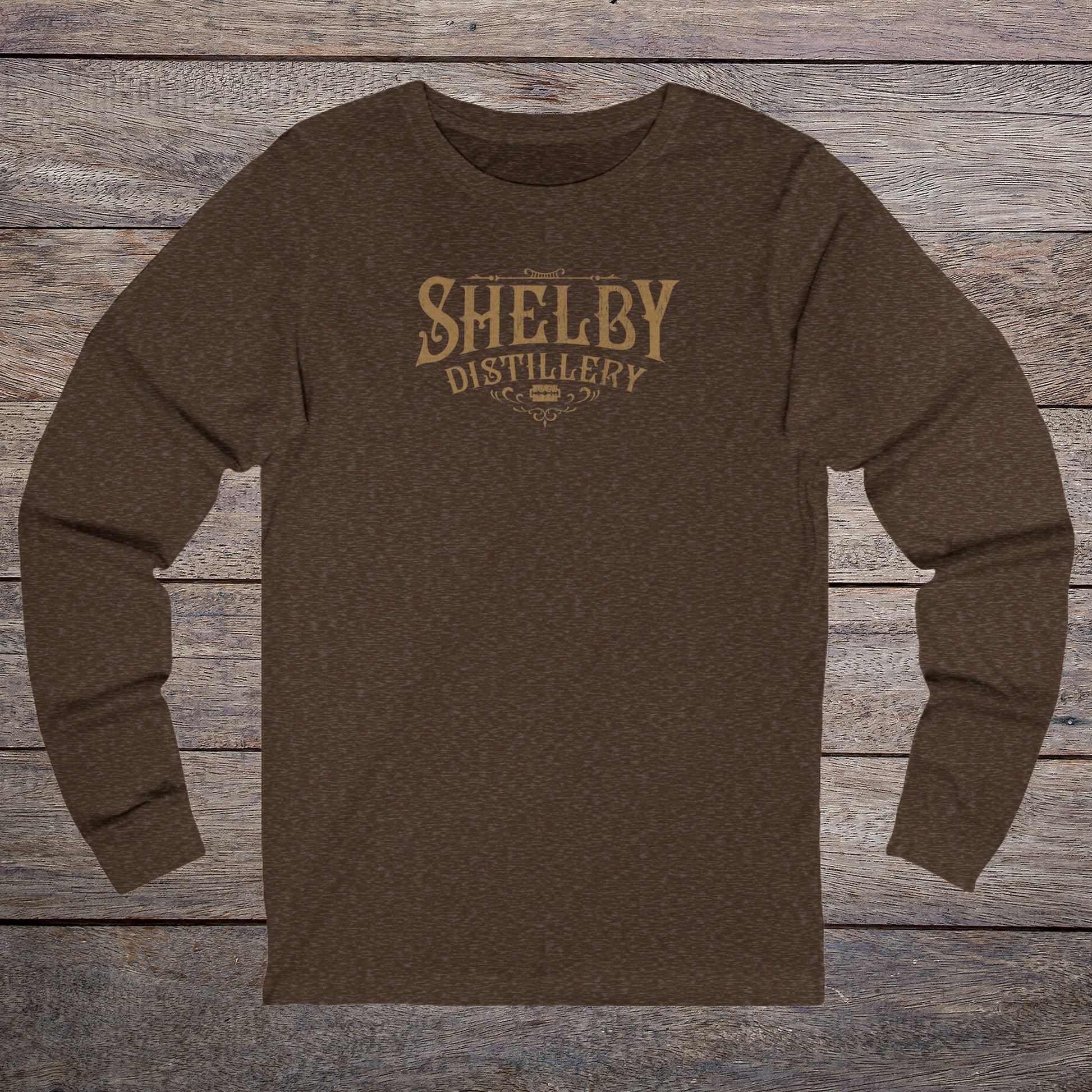Heather Brown Soft Unisex Bella+Canvas 3501 long-sleeve t-shirt featuring a Shelby Company Limited Distillery Logo Graphic inspired by the TV show Peaky Blinders in a vintage distressed style, sold by ScriptedBrand.