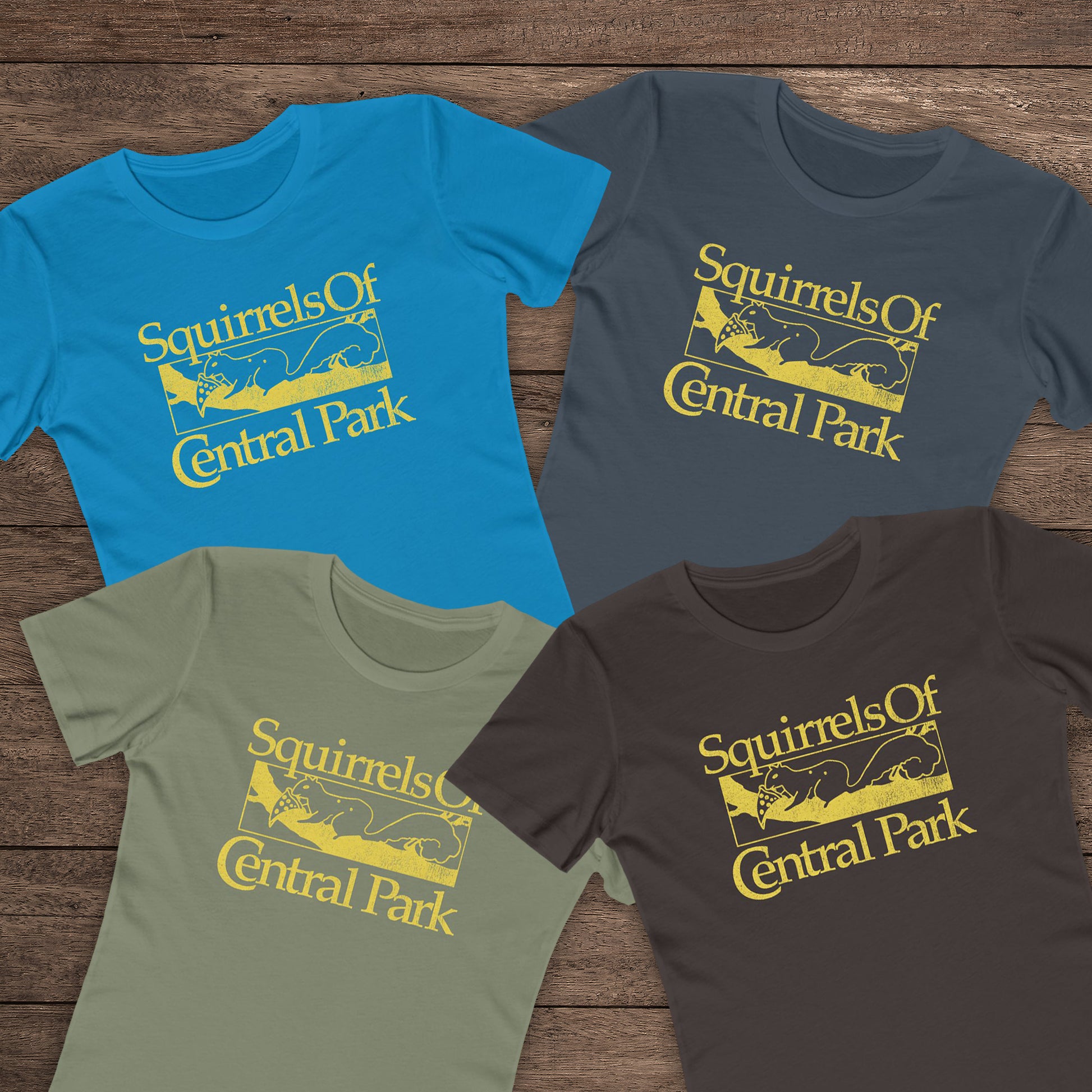 group of 4 women’s t-shirts with distressed yellow “Squirrels of Central Park” logo inspired by Bad Sisters.
