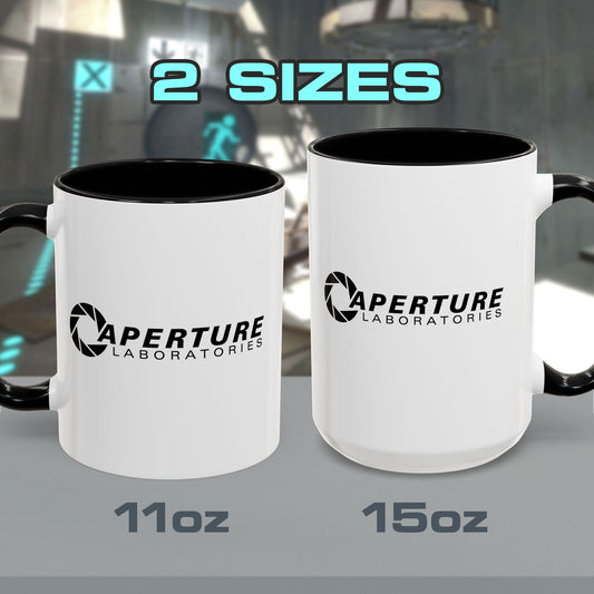 15 oz and 11 oz white Ceramic Accent Mug with the black Aperture Laboratories logo from the video game Portal on both sides. Handle and interior are colored black.