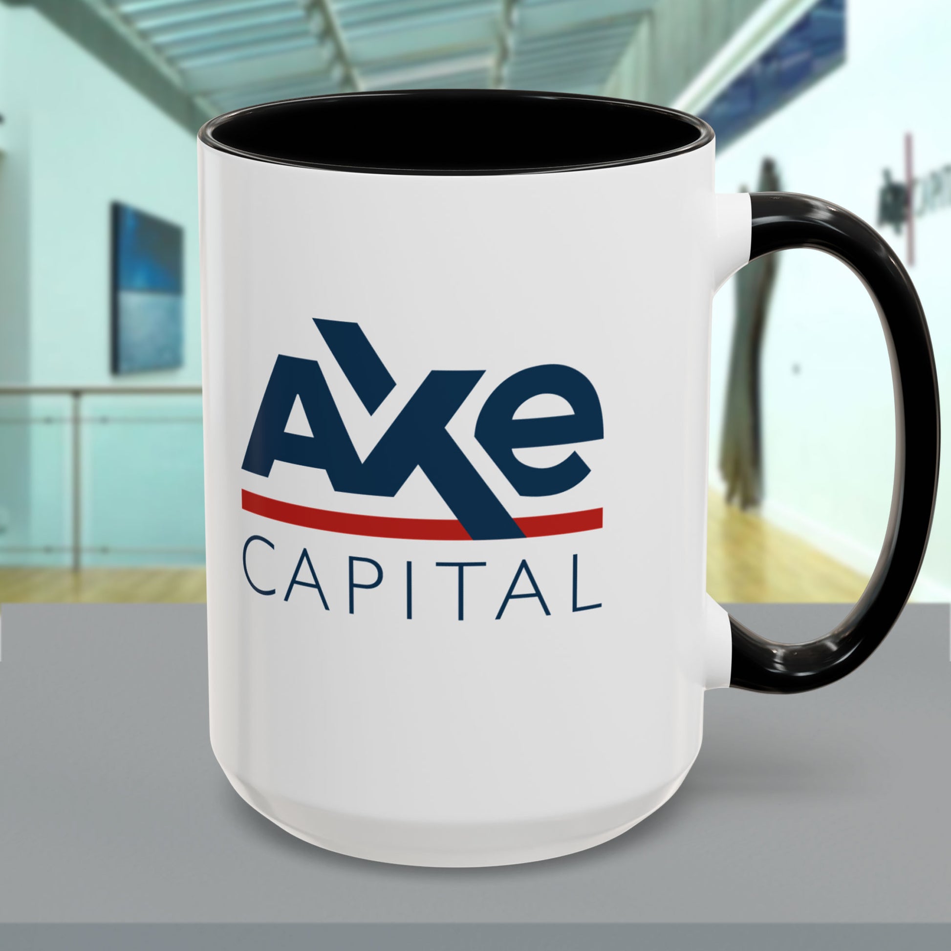 Cover photo of a White Ceramic Mug (11 oz or 15 oz) with black handle/interior featuring the fictional Axe Capital logo from the TV show Billions printed on both sides, sold by ScriptedBrand.