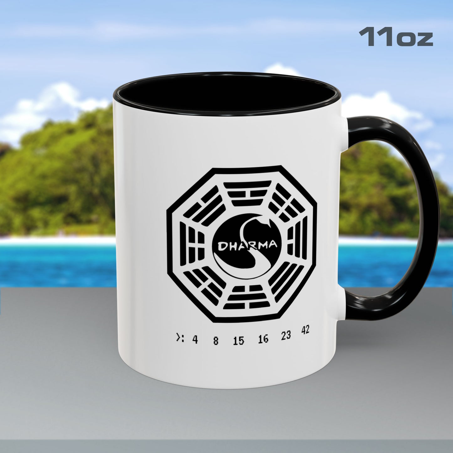 11 oz White ceramic Dharma Initiative Swan Station logo mug with black handle and interior, hatch numbers 4 8 15 16 23 42