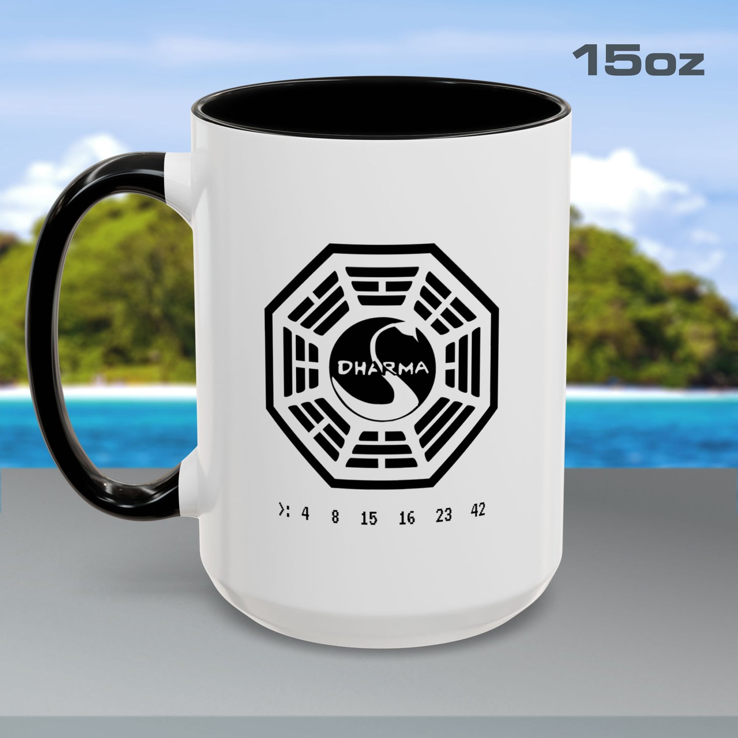 15 oz White ceramic Dharma Initiative Swan Station logo mug with black handle and interior, hatch numbers 4 8 15 16 23 42