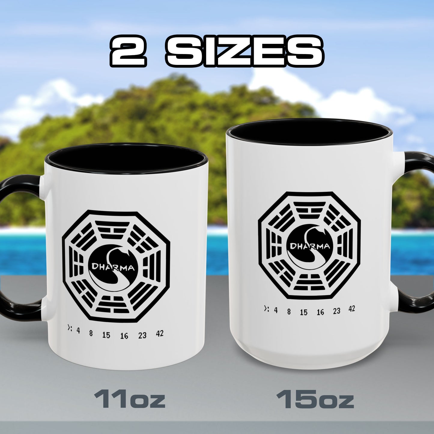 Two mugs with Dharma Initiative logo on a scenic background