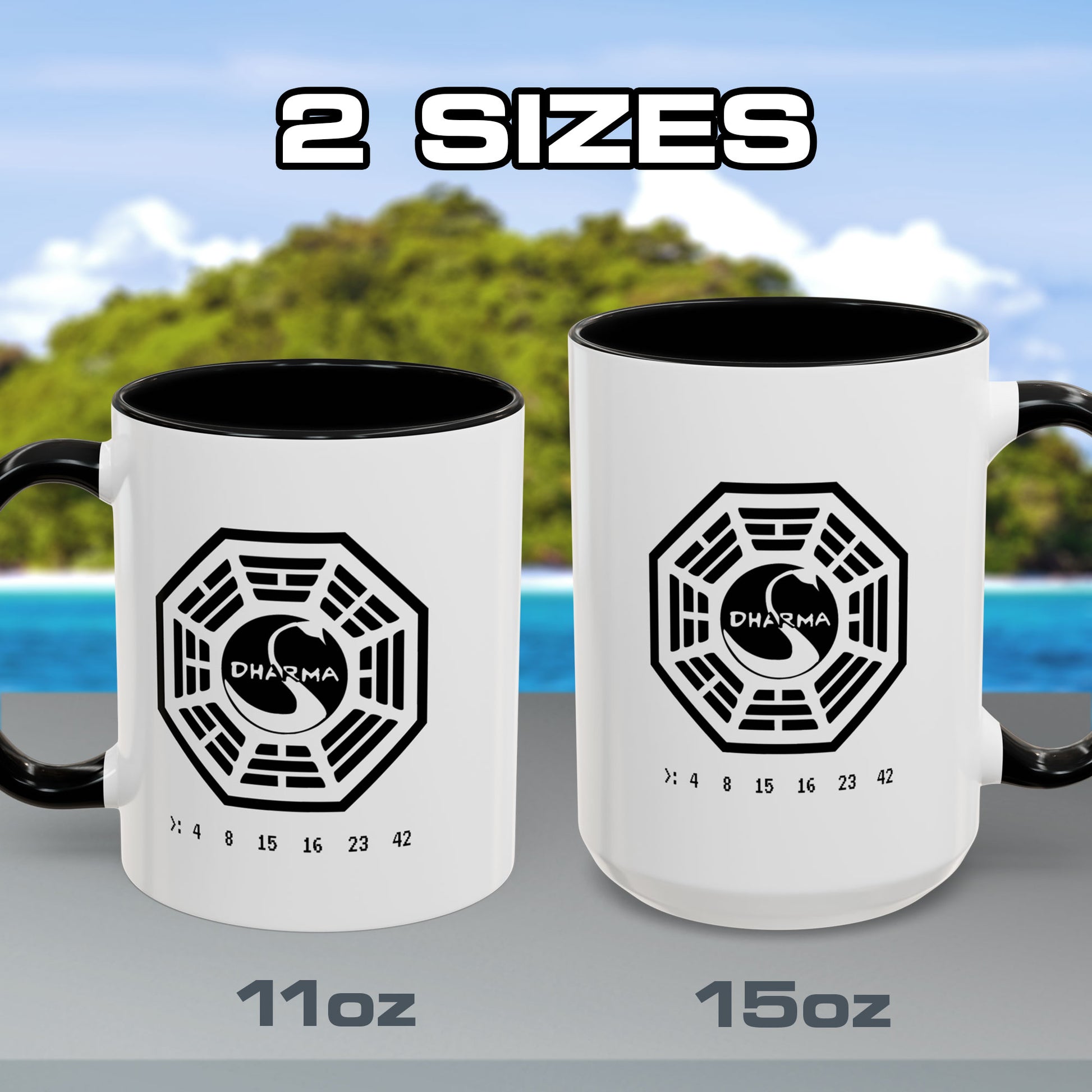 Two mugs with Dharma Initiative logo on a scenic background