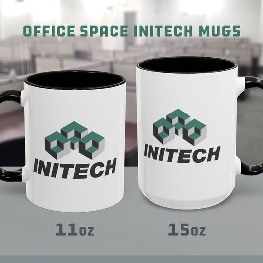 Front views of 11oz and 15oz White Ceramic Accent Mugs with black handle/interior featuring the fictional Initech logo from the movie Office Space printed on both sides, sold by ScriptedBrand.