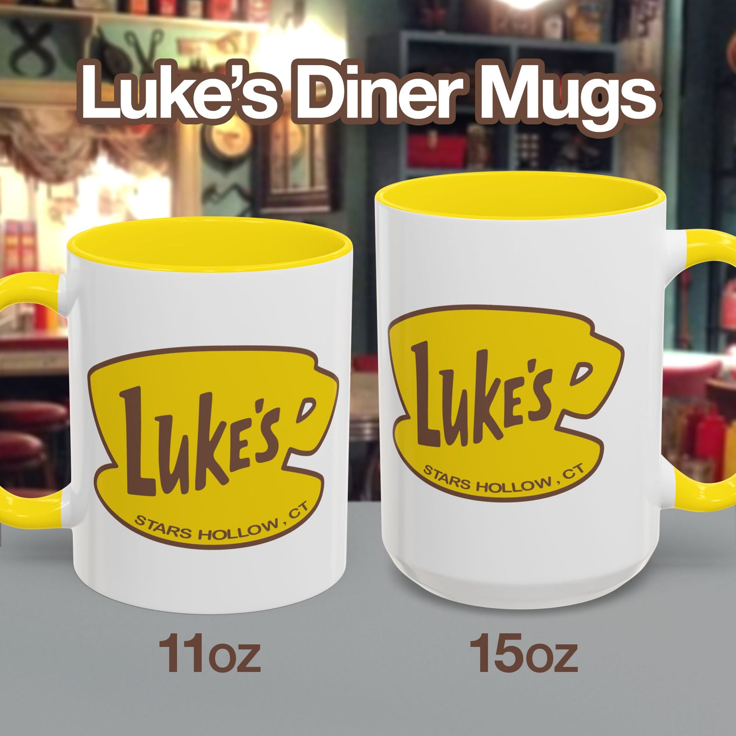Front view of 15 and 11 oz White ceramic mugs with yellow handle and Luke’s Diner logo from Gilmore Girls printed on both sides.