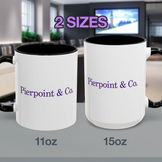 Front view of both 11 oz and 15 oz White Ceramic Mug with black handle/interior featuring the purple Pierpoint & Co logo from the HBO TV show Industry printed on both sides, sold by ScriptedBrand.