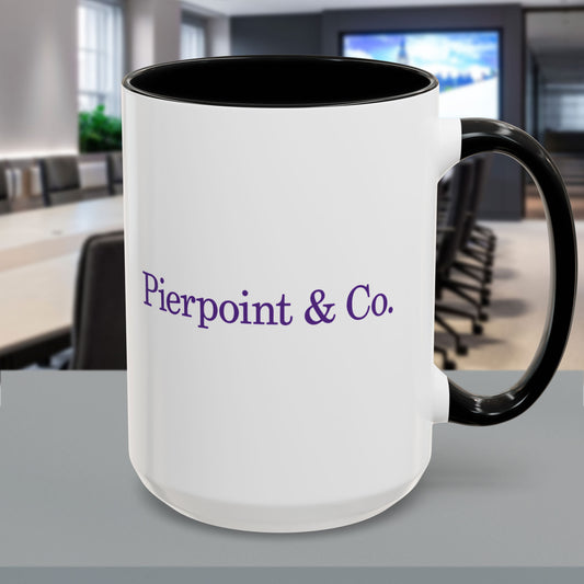 Cover image of a White Ceramic Mug (11 oz or 15 oz) with black handle/interior featuring the purple Pierpoint & Co logo from the HBO TV show Industry printed on both sides, sold by ScriptedBrand.