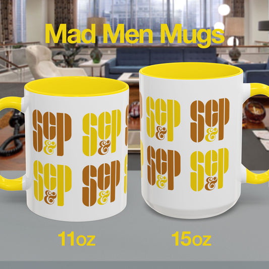 Front view of Mad Men 11 and 15 ounce white and yellow ceramic mugs with a wraparound of Sterling Cooper & Partners logos
