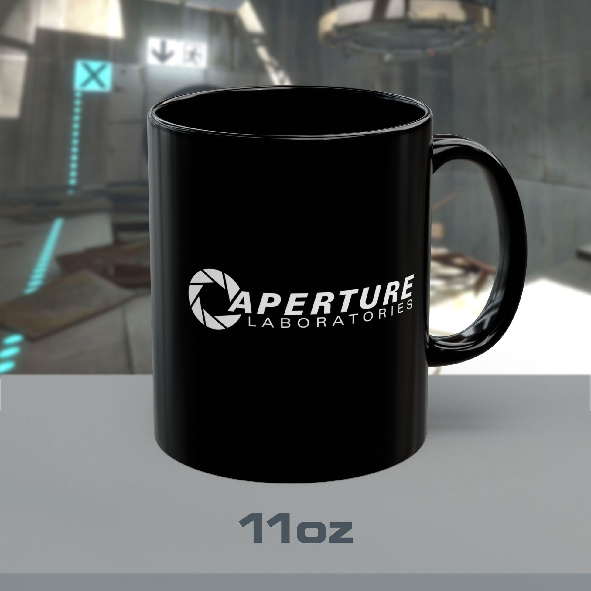 11 oz Black Ceramic Mug with a white Aperture Laboratories logo from the video game Portal and Portal 2 on both sides, sold by ScriptedBrand.