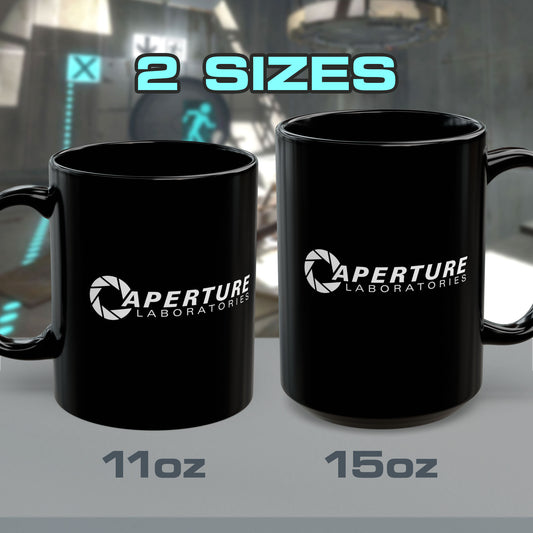 15 oz and 11 oz Black Ceramic Mug with the white Aperture Laboratories logo from the video game Portal and Portal 2 on both sides, sold by ScriptedBrand.
