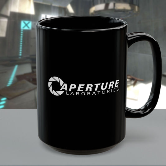 Front view of a 15 oz or 11 oz Black Ceramic Mug with the white Aperture Laboratories logo from the video game Portal and Portal 2 on both sides, sold by ScriptedBrand.