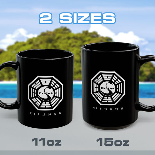 Front view of both 11 oz and 15 oz Black Ceramic Mugs featuring the Dharma Initiative swan station logo from the TV show LOST, including the Hatch numbers 4 8 15 16 23 42. Graphic is printed white on both sides.