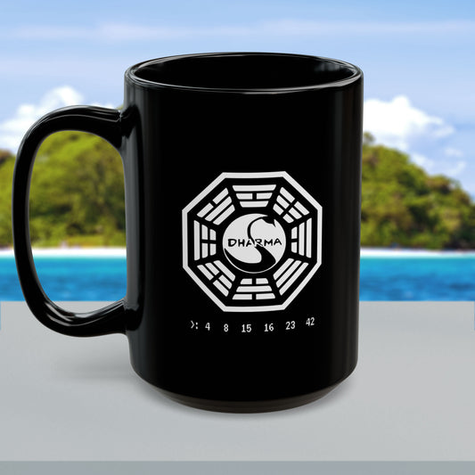 Front view of a 15 oz Black Ceramic Mug featuring the Dharma Initiative swan station logo from the TV show LOST, including the Hatch numbers 4 8 15 16 23 42. Graphic is printed white on both sides.