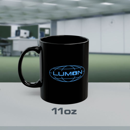 11 oz Black Ceramic Mug with the Lumon Industries logo from the Apple TV show Severance printed on both sides.