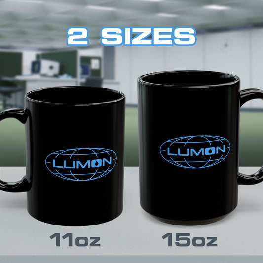 2 Black Ceramic Mugs (11 oz and 15 oz) featuring the blue Lumon Industries logo from the Apple TV show Severance printed on both sides.
