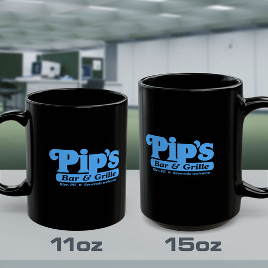 Front view of 11 oz and 15 oz Black Ceramic Mugs with the Pips Bar and Grill logo from the Apple TV show Severance printed on both sides in Lumon Industries blue, sold by ScriptedBrand..