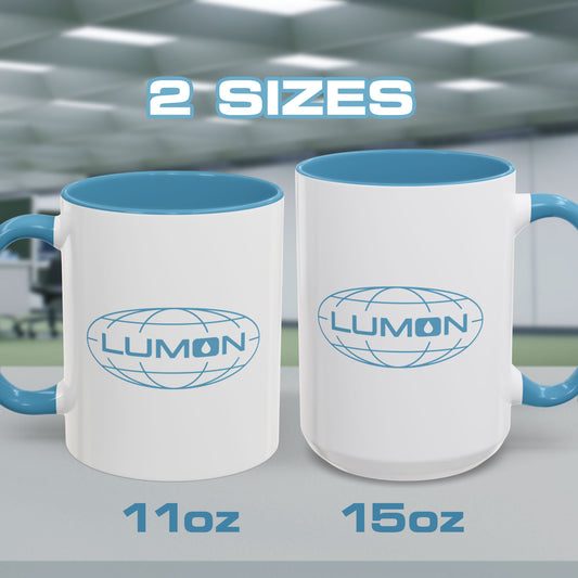 Front view of both 15 oz and 11 oz white Ceramic Mugs with the blue Lumon Industries logo from the Apple TV show Severance.