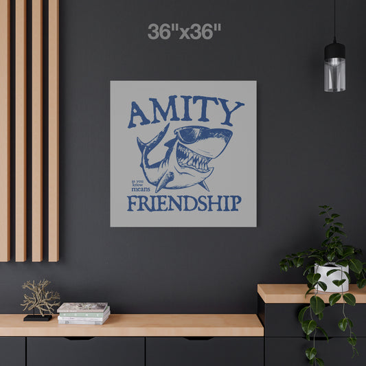 36 x 36 Funny Amity Island shark wall art canvas print inspired by Jaws with “Amity Means Friendship” and shark in sunglasses.