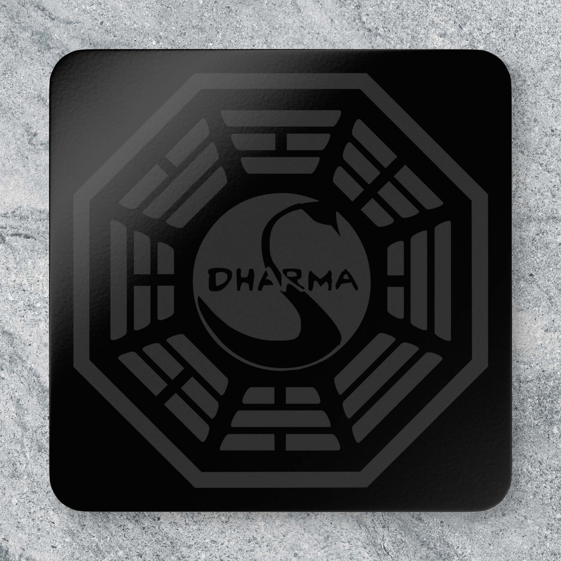 Topdown view of single Corkwood Coaster featuring the Dharma Initiative Swan Station logo graphic from the TV show LOST.