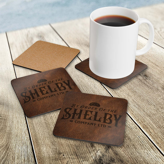 Set of 4 corkwood drink coasters with Shelby Company LTD logo from Peaky Blinders in vintage leather-style print.