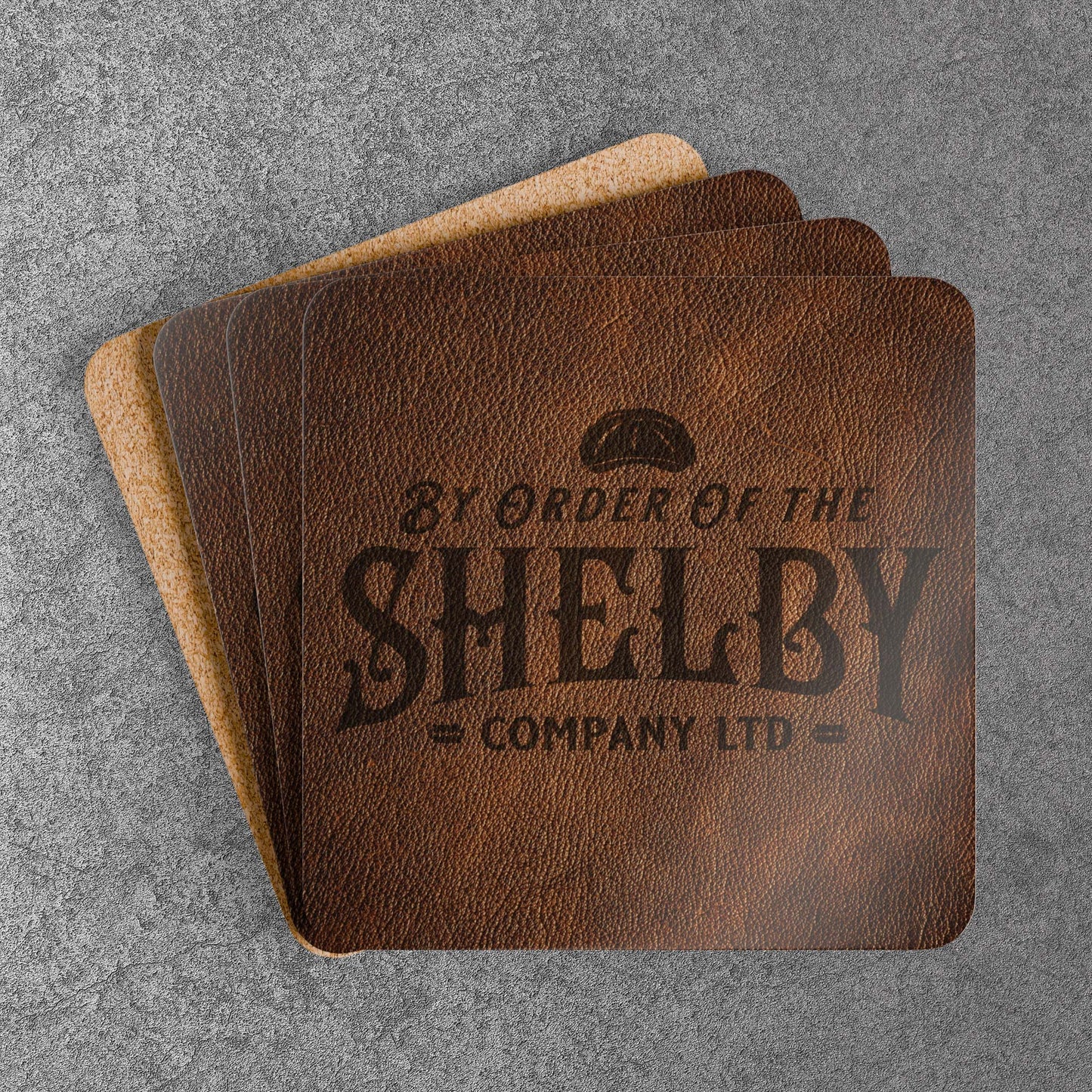 Set of 4 stacked corkwood drink coasters with Shelby Company LTD logo from Peaky Blinders in vintage leather-style print.