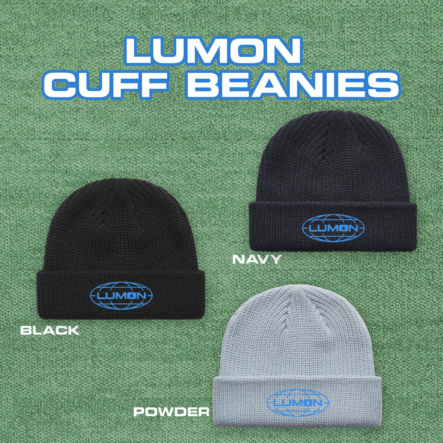 Three AS Colour cuff beanies with embroidered blue Lumon Industries logo from Severance, fisherman-style ribbed knit hat.