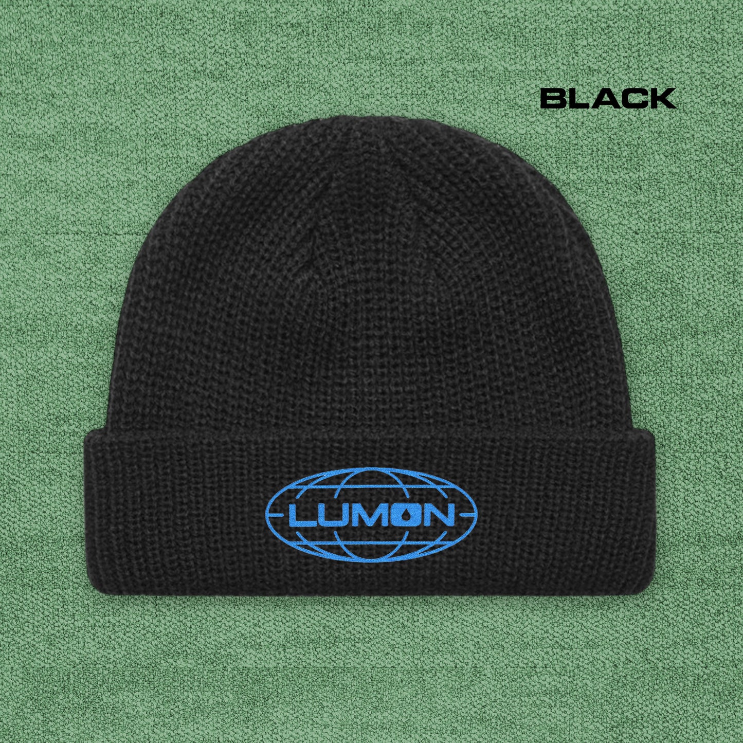 Black AS Colour cuff beanie with embroidered blue Lumon Industries logo from Severance, fisherman-style ribbed knit hat.