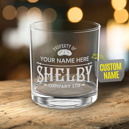 Personalized 10 oz rocks glass with Shelby Company Limited Peaky Blinders inspired logo and custom name, shown in a bar.