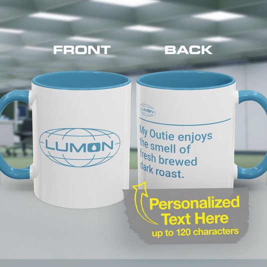 Front and Back view of White Ceramic Mug (11 oz or 15 oz) with the blue Lumon Industries logo on one side and customizable text on the other side (up to 120 characters) inspired by the Apple TV show Severance.