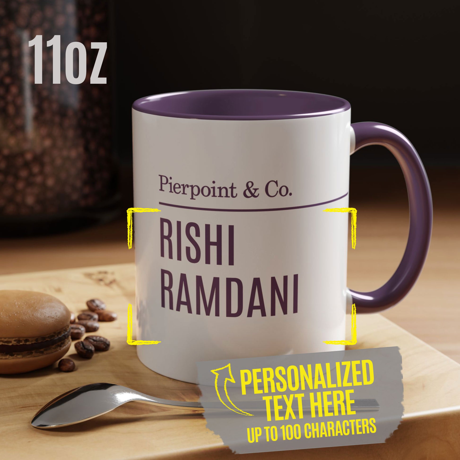 11 oz White and purple mug with Pierpoint & Co. logo and customizable text, inspired by HBO's Industry.