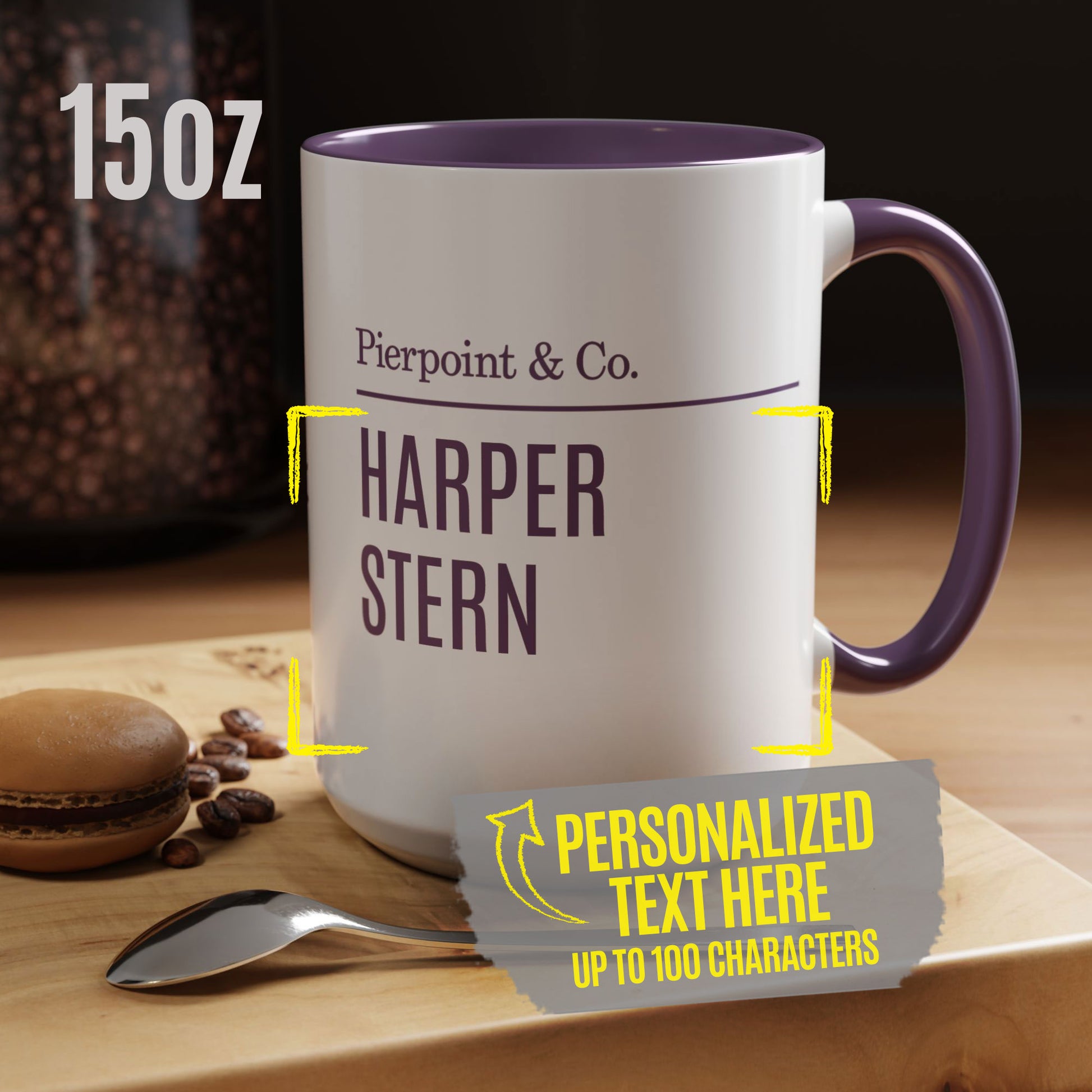 15 oz White and purple mug with Pierpoint & Co. logo and customizable text, inspired by HBO's Industry.