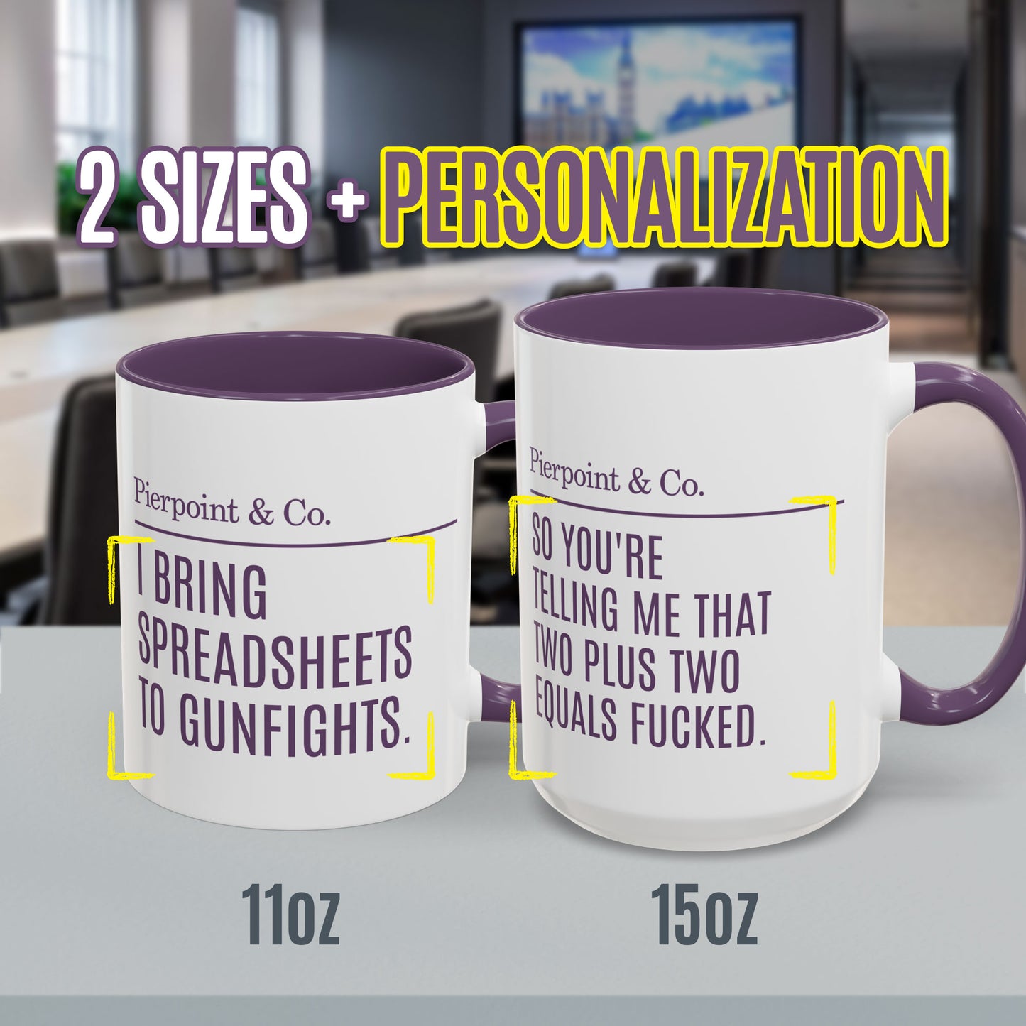 Two different sizes of White and purple mug with Pierpoint & Co. logo and customizable text, inspired by HBO's Industry.