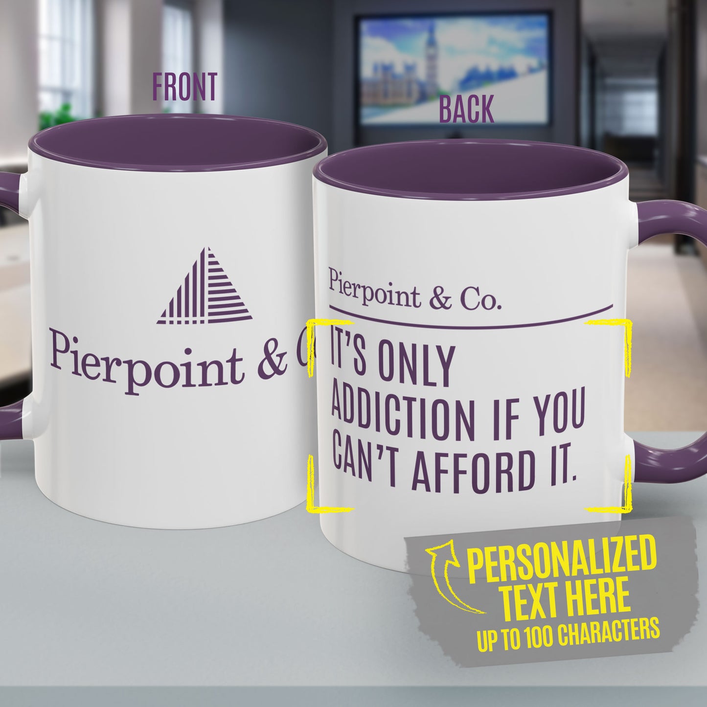 White mug with purple Pierpoint & Co. logo and customizable text, inspired by HBO's Industry.